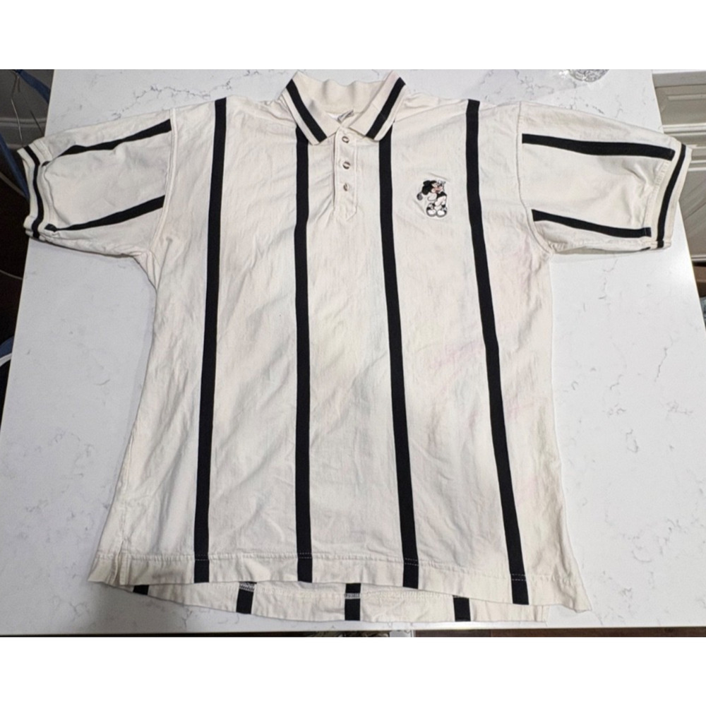 VTG 90s Walt Disney World Mickey Mouse Golf Polo Shirt – Striped Black/ White XL